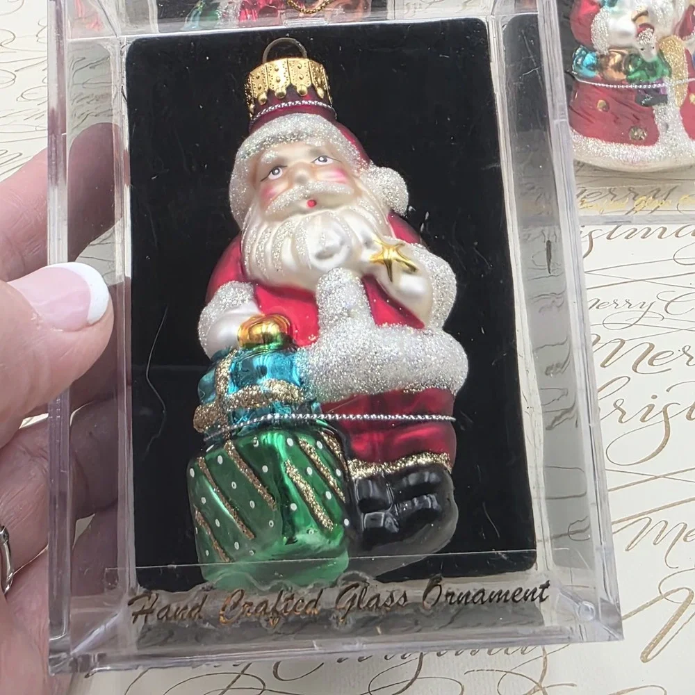 3 Unique Treasures Santa Ornaments Blown Glass Gifts Sleigh Toys Vintage NIB NOS